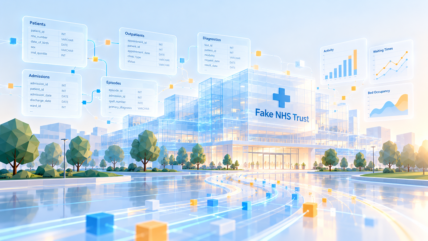 Fake NHS Trust: a glass hospital with floating table schemas and activity charts